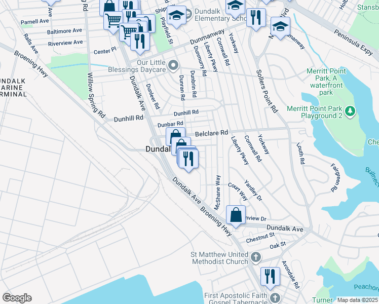 map of restaurants, bars, coffee shops, grocery stores, and more near 3428 Dunran Rd in Dundalk