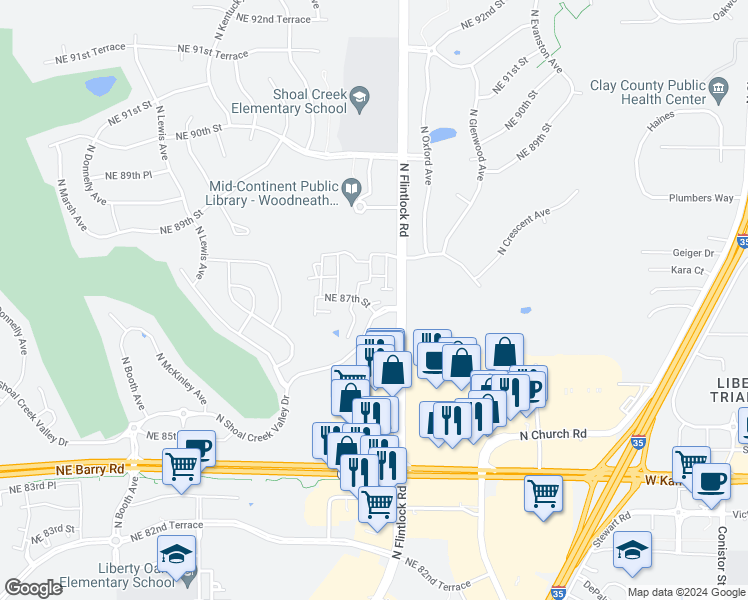 map of restaurants, bars, coffee shops, grocery stores, and more near 8701 North Windsor Avenue in Kansas City