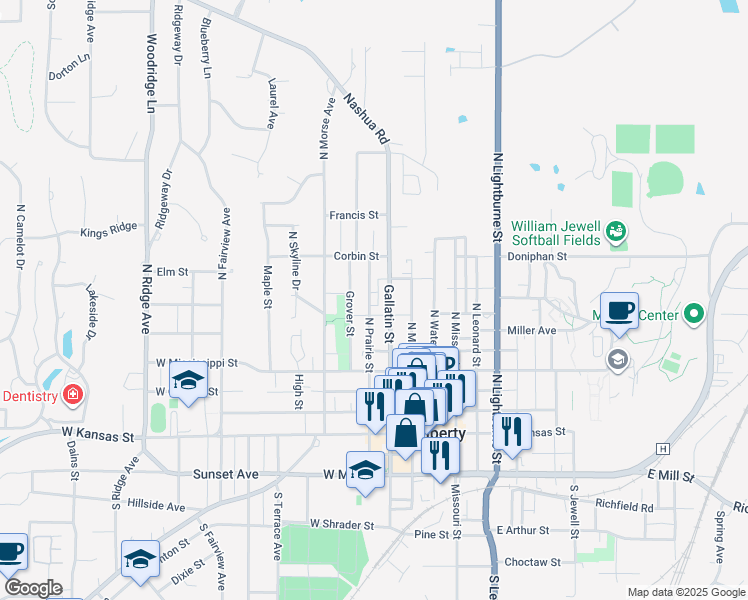 map of restaurants, bars, coffee shops, grocery stores, and more near 417 North Prairie Street in Liberty