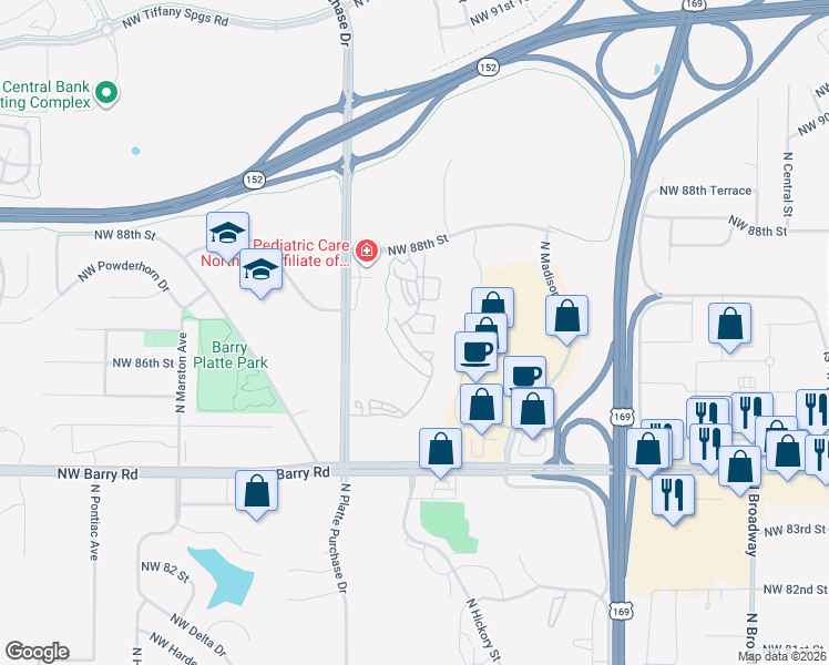 map of restaurants, bars, coffee shops, grocery stores, and more near 8501 North Platte Purchase Drive in Kansas City