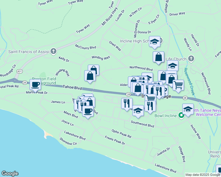 map of restaurants, bars, coffee shops, grocery stores, and more near 807 Alder Avenue in Incline Village