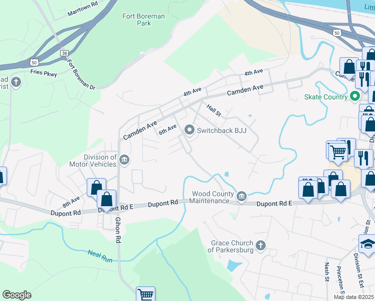 map of restaurants, bars, coffee shops, grocery stores, and more near 805 Virgil Street in Parkersburg