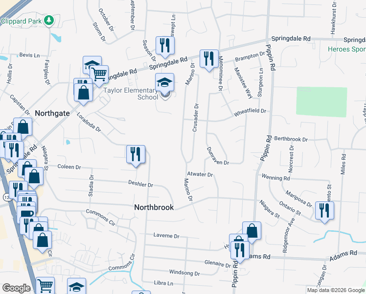 map of restaurants, bars, coffee shops, grocery stores, and more near 9864 Marino Drive in Cincinnati