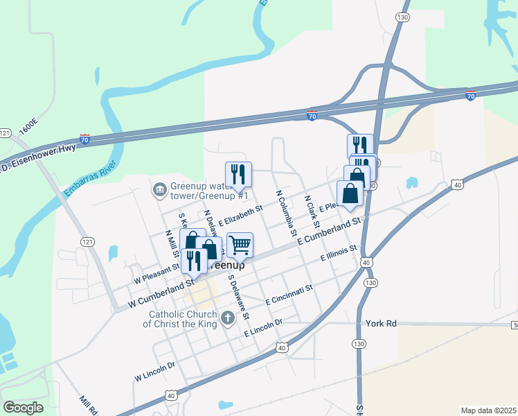map of restaurants, bars, coffee shops, grocery stores, and more near 401 East Elizabeth Street in Greenup