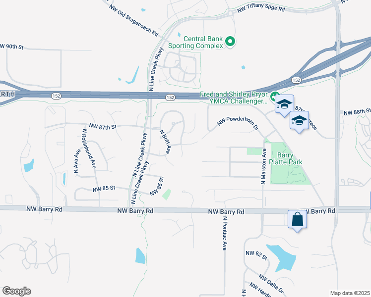 map of restaurants, bars, coffee shops, grocery stores, and more near 8619 North Liston Avenue in Kansas City