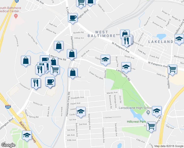 map of restaurants, bars, coffee shops, grocery stores, and more near 256 Green Fern Way in Halethorpe