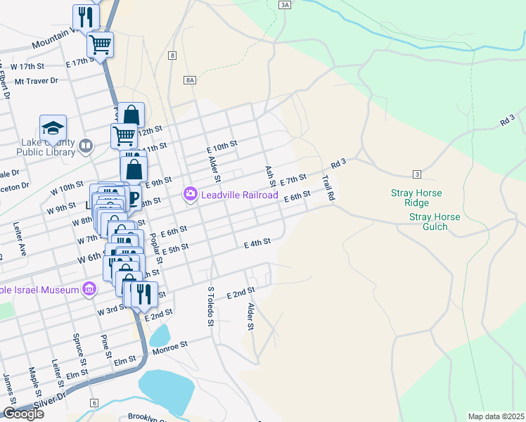 map of restaurants, bars, coffee shops, grocery stores, and more near 527 East 6th Street in Leadville