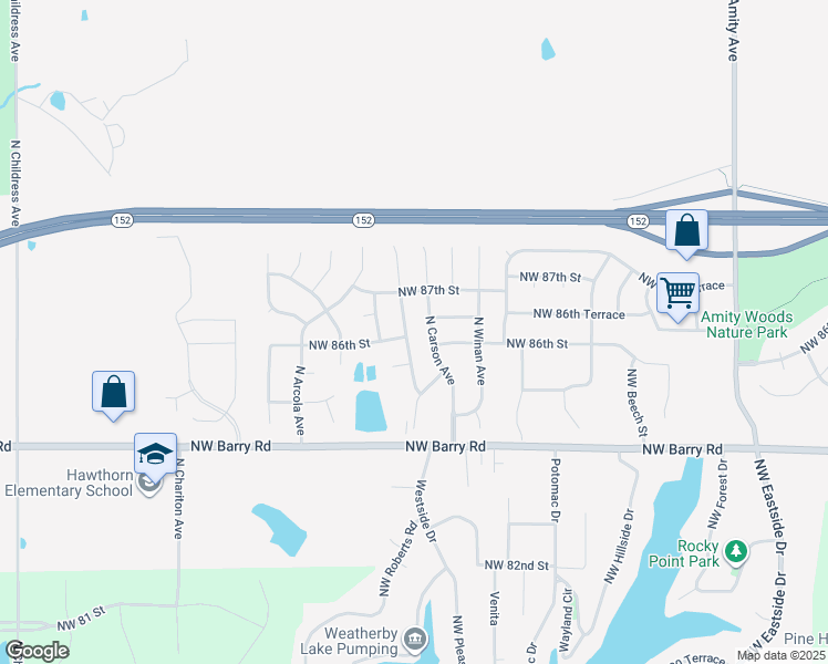 map of restaurants, bars, coffee shops, grocery stores, and more near 8609 North McDonald Avenue in Kansas City