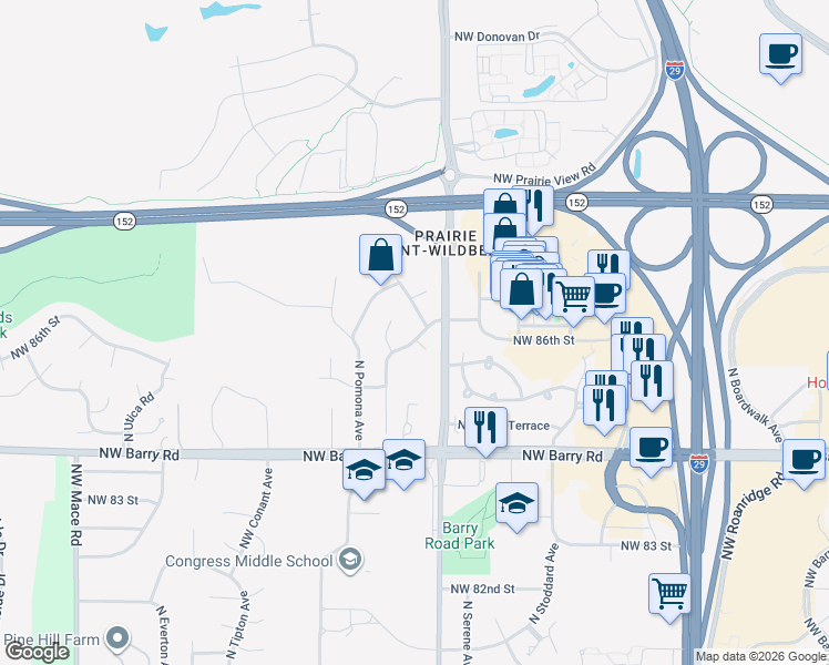 map of restaurants, bars, coffee shops, grocery stores, and more near 7708 Northwest 86th Street in Kansas City