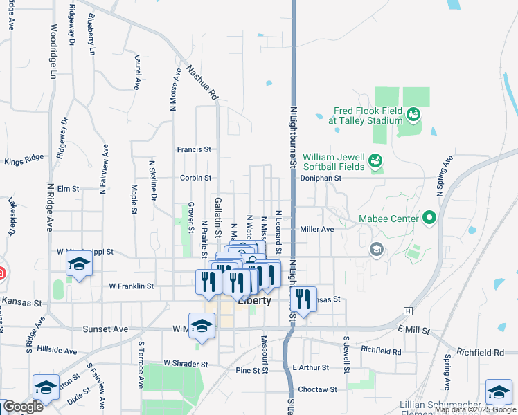 map of restaurants, bars, coffee shops, grocery stores, and more near 414 N Missouri St in Liberty