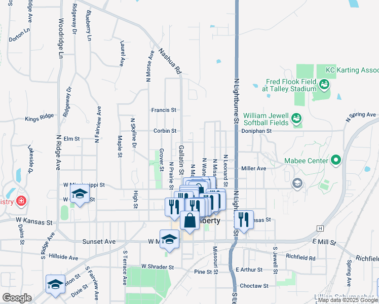 map of restaurants, bars, coffee shops, grocery stores, and more near 424 North Main Street in Liberty