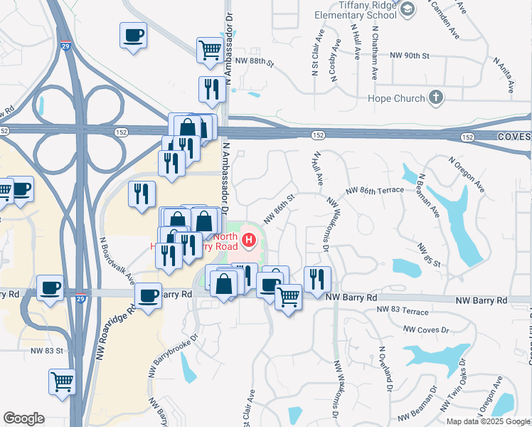 map of restaurants, bars, coffee shops, grocery stores, and more near 5613 Northwest 86th Terrace in Kansas City