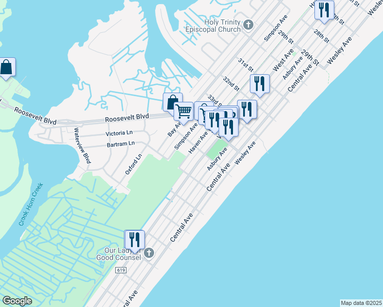 map of restaurants, bars, coffee shops, grocery stores, and more near 3519 Haven Avenue in Ocean City