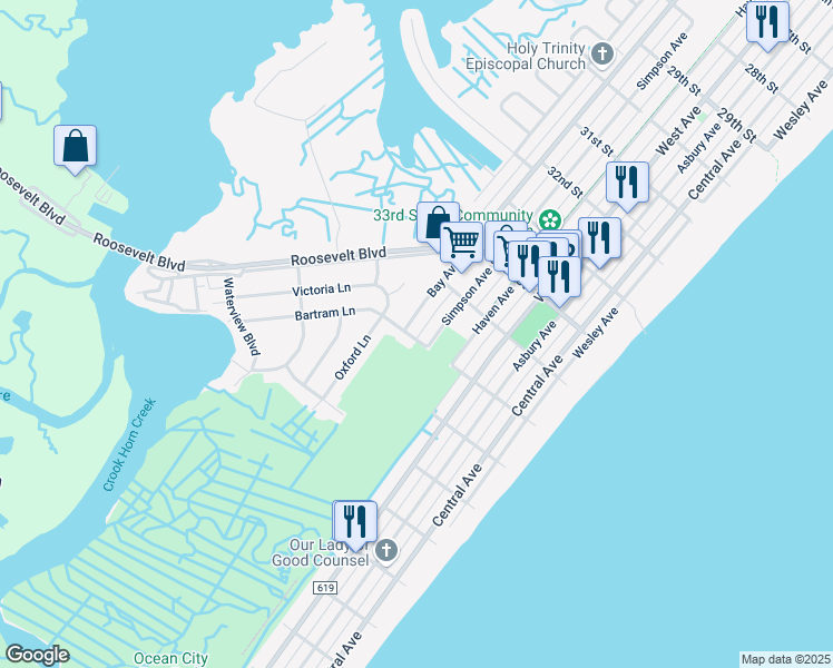 map of restaurants, bars, coffee shops, grocery stores, and more near 125 36th Street in Ocean City