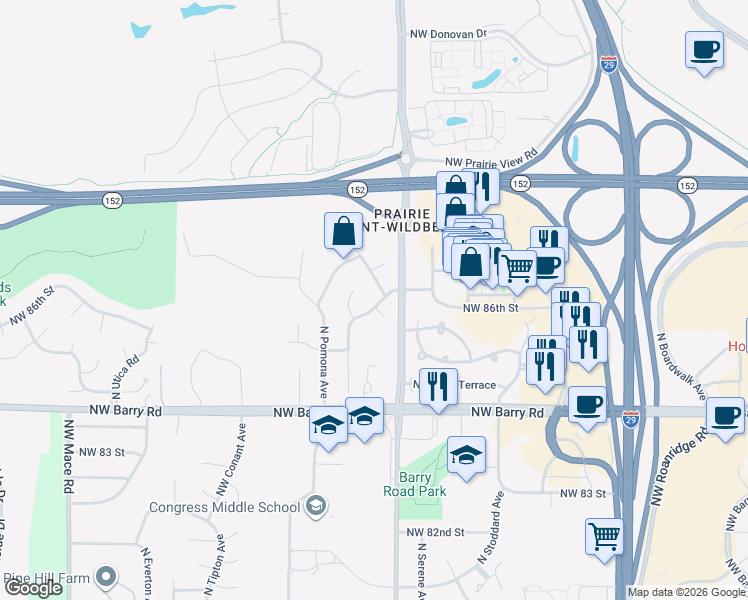 map of restaurants, bars, coffee shops, grocery stores, and more near 7708 Northwest 86th Street in Kansas City