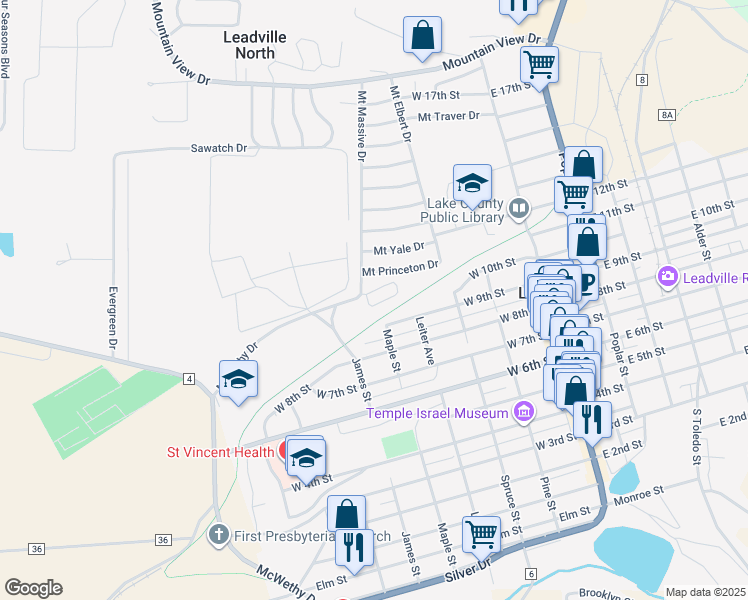 map of restaurants, bars, coffee shops, grocery stores, and more near 921 Mount Massive Drive in Leadville