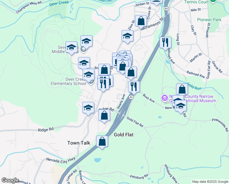 map of restaurants, bars, coffee shops, grocery stores, and more near 71 Mine Rock Rd in Nevada City
