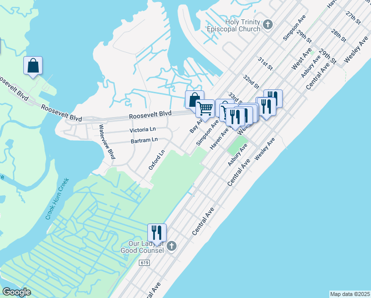 map of restaurants, bars, coffee shops, grocery stores, and more near 125 36th Street in Ocean City