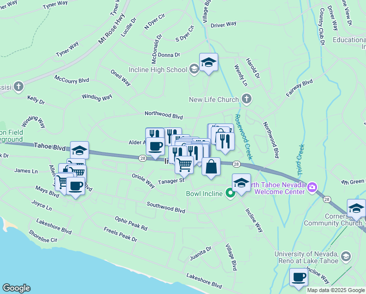 map of restaurants, bars, coffee shops, grocery stores, and more near 317 Village Boulevard in Incline Village