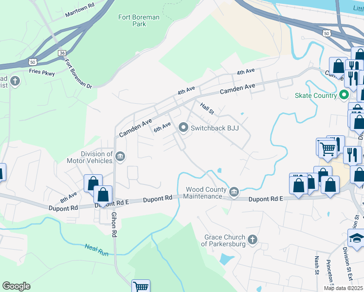 map of restaurants, bars, coffee shops, grocery stores, and more near 805 Virgil Street in Parkersburg