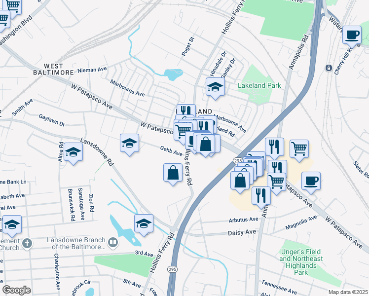map of restaurants, bars, coffee shops, grocery stores, and more near 3214 Hollins Ferry Road in Halethorpe