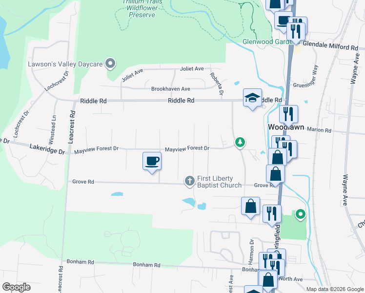 map of restaurants, bars, coffee shops, grocery stores, and more near 208 Mayview Forest Drive in Cincinnati