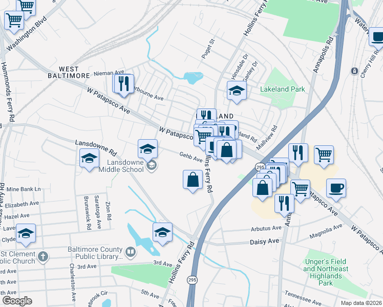 map of restaurants, bars, coffee shops, grocery stores, and more near 2529 Gehb Avenue in Halethorpe
