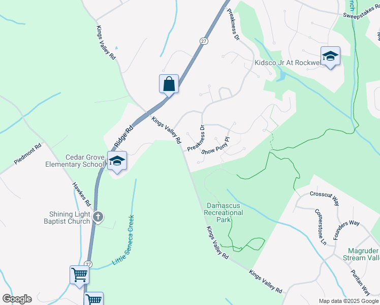 map of restaurants, bars, coffee shops, grocery stores, and more near 24005 Preakness Drive in Damascus