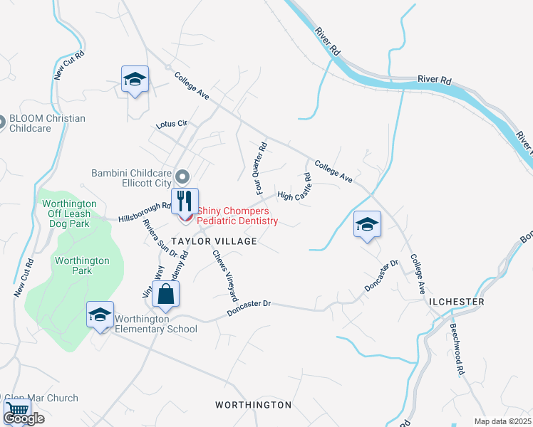 map of restaurants, bars, coffee shops, grocery stores, and more near 8114 Winding Ross Way in Ellicott City