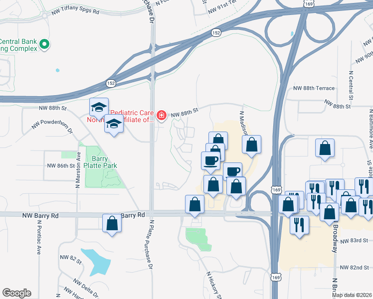 map of restaurants, bars, coffee shops, grocery stores, and more near 8571 North Hickory Street in Kansas City