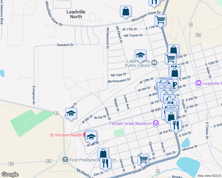 map of restaurants, bars, coffee shops, grocery stores, and more near 921 Mount Massive Drive in Leadville