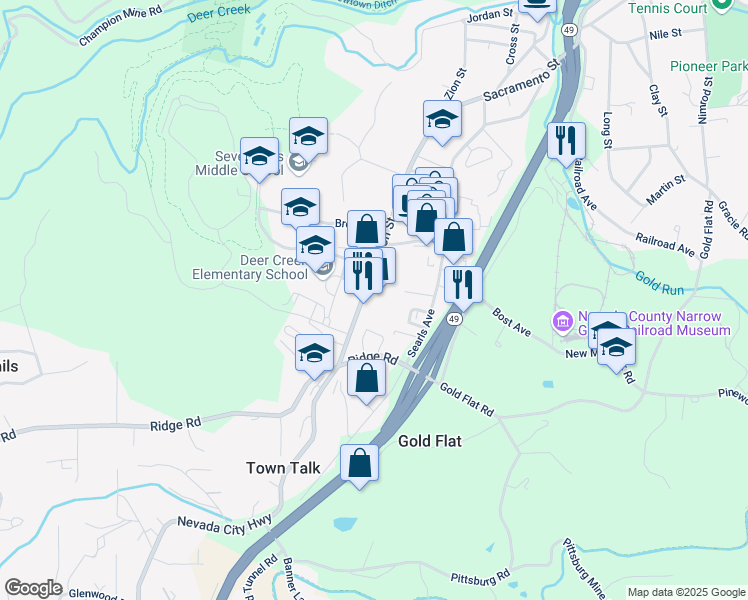 map of restaurants, bars, coffee shops, grocery stores, and more near in Nevada City
