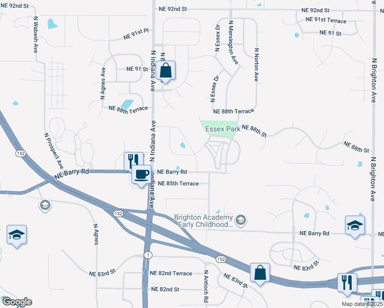map of restaurants, bars, coffee shops, grocery stores, and more near 8701 North Indiana Avenue in Kansas City