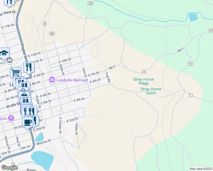 map of restaurants, bars, coffee shops, grocery stores, and more near 707 East 5th Street in Leadville