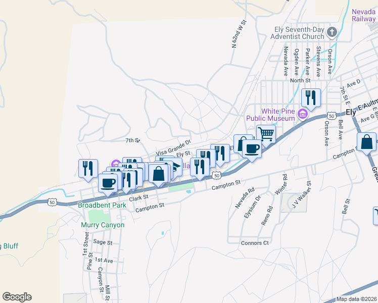 map of restaurants, bars, coffee shops, grocery stores, and more near 988 Ely Street in Ely