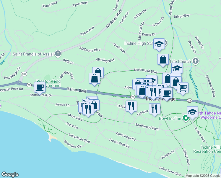 map of restaurants, bars, coffee shops, grocery stores, and more near 807 Alder Avenue in Incline Village