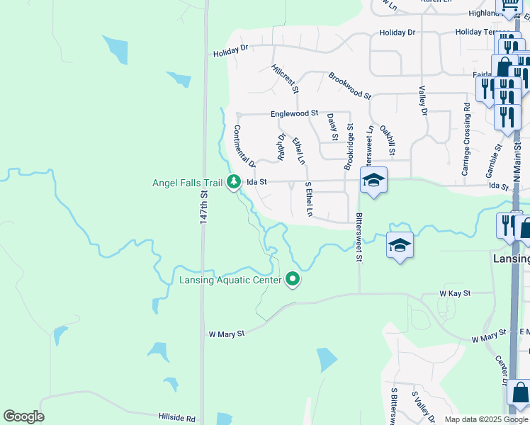 map of restaurants, bars, coffee shops, grocery stores, and more near 77 Continental Drive in Lansing