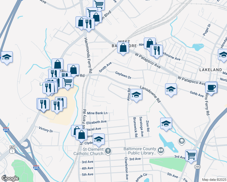 map of restaurants, bars, coffee shops, grocery stores, and more near 257 Green Fern Way in Halethorpe