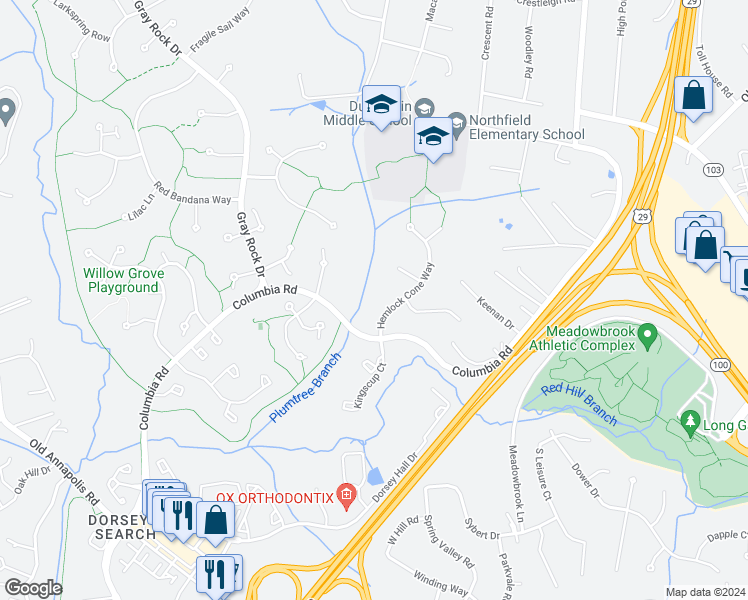 map of restaurants, bars, coffee shops, grocery stores, and more near 4517 Hemlock Cone Way in Ellicott City