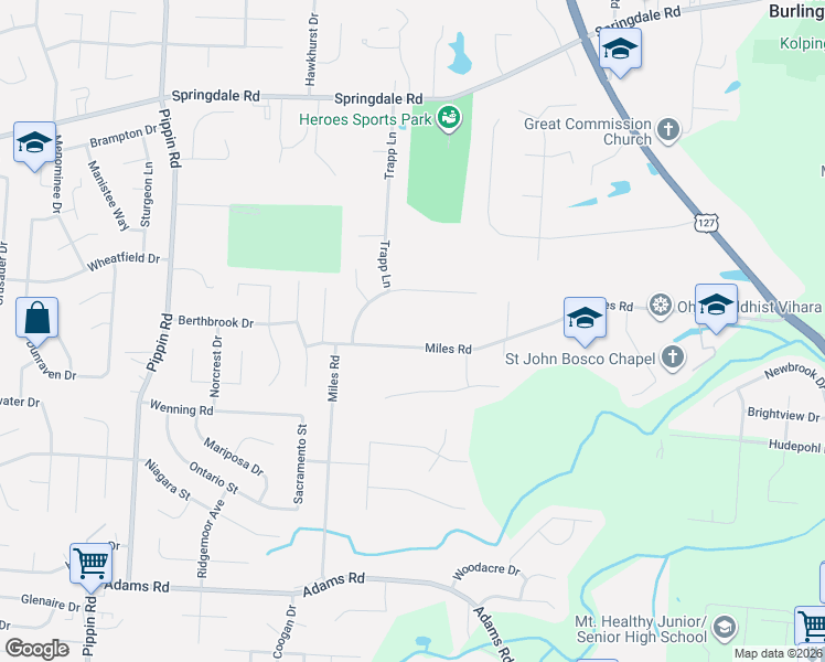 map of restaurants, bars, coffee shops, grocery stores, and more near 2114 Miles Road in Cincinnati