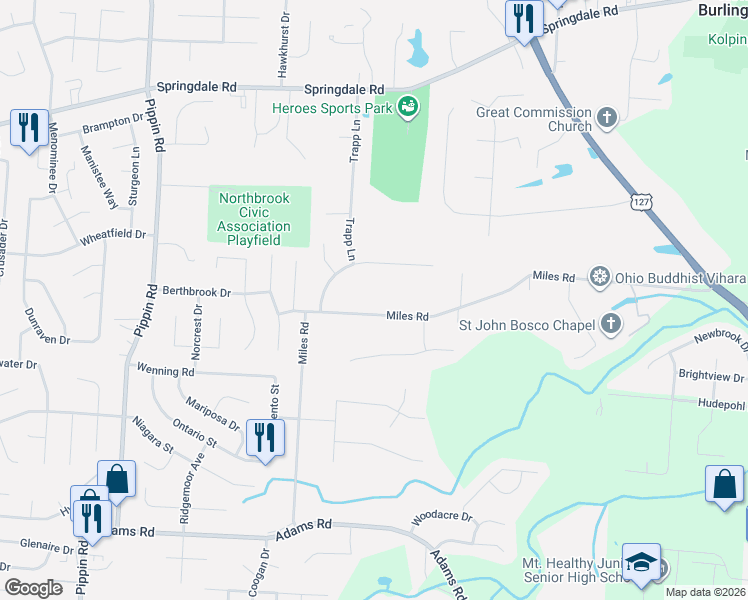 map of restaurants, bars, coffee shops, grocery stores, and more near 2114 Miles Road in Cincinnati