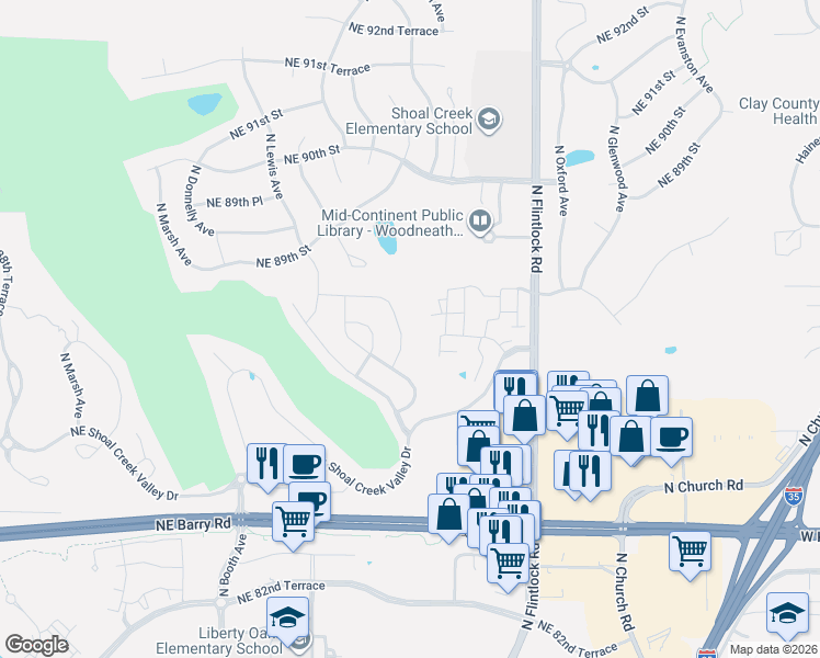 map of restaurants, bars, coffee shops, grocery stores, and more near 8801 Northeast 86th Terrace in Kansas City