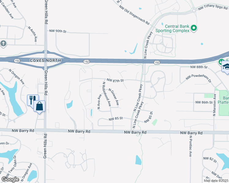 map of restaurants, bars, coffee shops, grocery stores, and more near 8556 North Gower Avenue in Kansas City