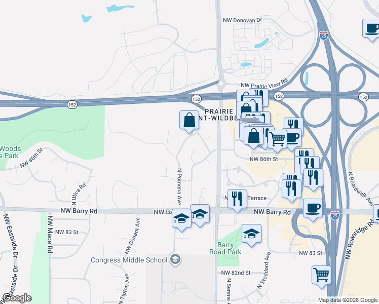 map of restaurants, bars, coffee shops, grocery stores, and more near 7825 Northwest 86th Terrace in Kansas City