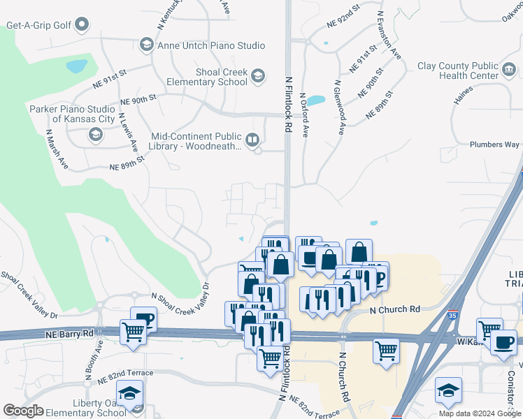 map of restaurants, bars, coffee shops, grocery stores, and more near 8701 North Windsor Avenue in Kansas City