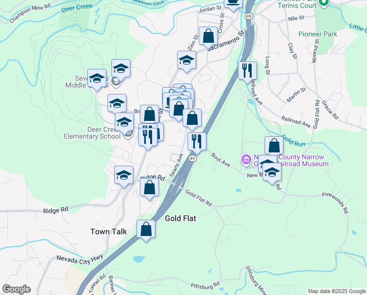 map of restaurants, bars, coffee shops, grocery stores, and more near Searls Avenue & Mine Rock Road in Nevada City