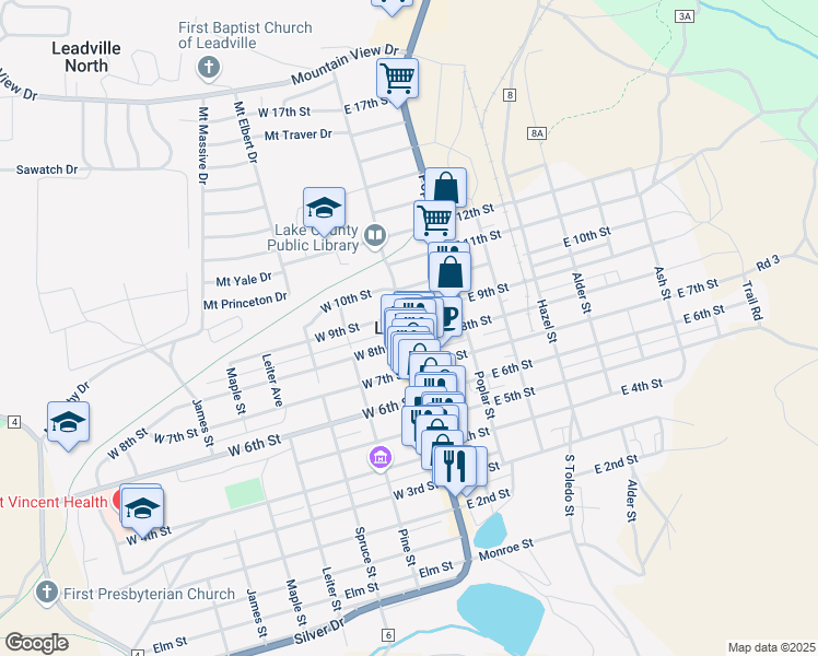 map of restaurants, bars, coffee shops, grocery stores, and more near in Leadville