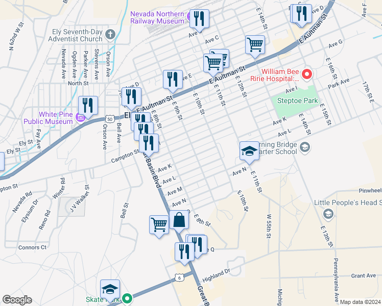 map of restaurants, bars, coffee shops, grocery stores, and more near 895 Avenue K in Ely