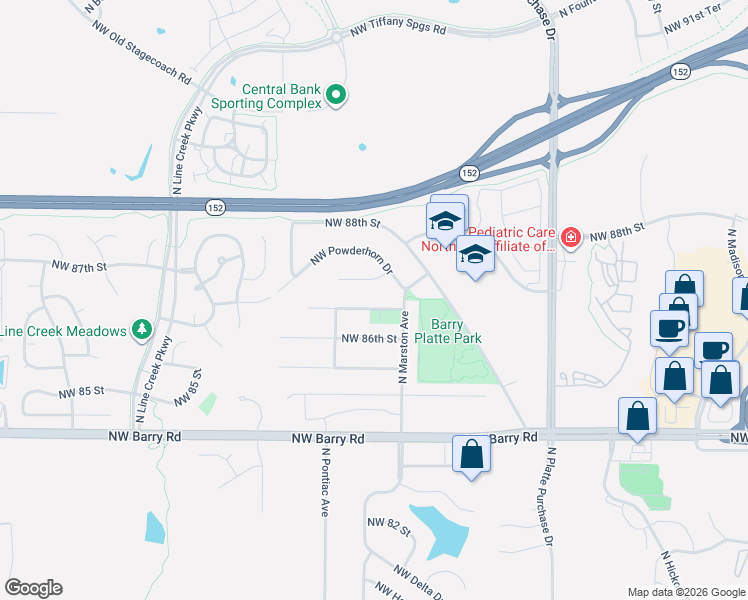 map of restaurants, bars, coffee shops, grocery stores, and more near 2309 Northwest 86th Street in Kansas City