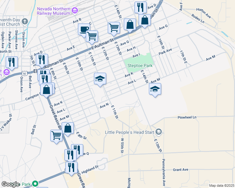 map of restaurants, bars, coffee shops, grocery stores, and more near 1175 Avenue M in Ely